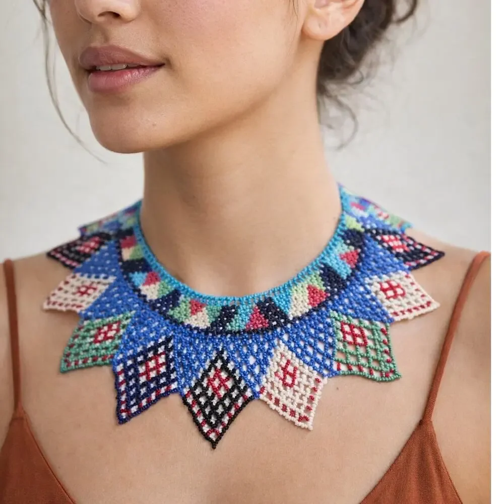 Huichol Beaded Necklace Statement Collar Wixárika Folk Art Blue Multicolor